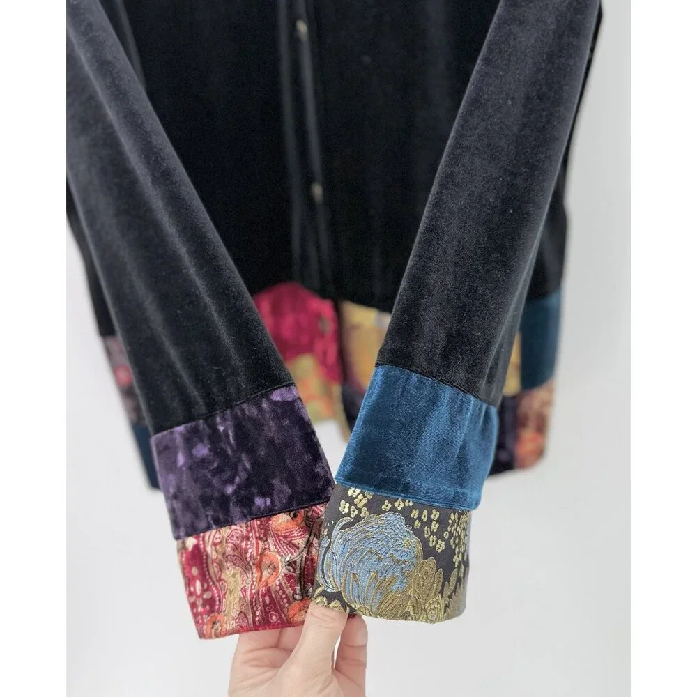Notations‎ Black Velvet Patchwork Jacquard Bohemian Button Jacket L Art To Wear